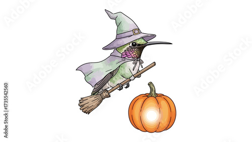 Whimsical Halloween Hummingbird: A cute hummingbird, dressed as a witch, rides a broom with a smiling pumpkin. It is a cartoon drawing illustration, perfect for Halloween, children's content.