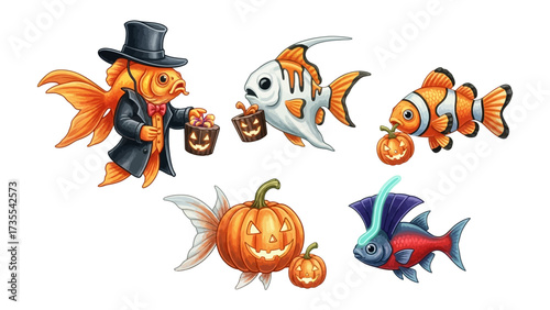Halloween Fish Gathering: A playful ensemble of whimsical fish dressed up in Halloween costumes, ready for a spooky, festive celebration.