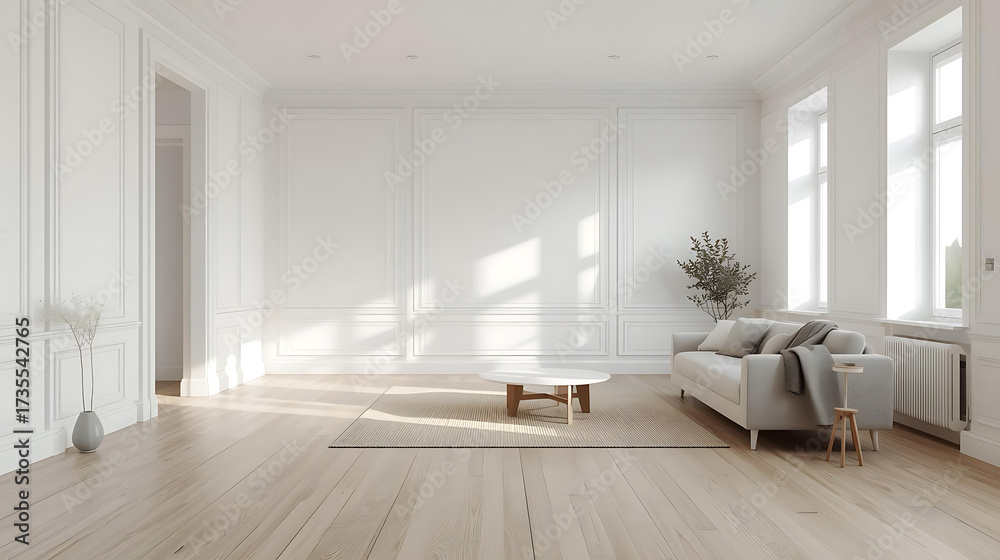 Fototapeta premium Scandinavian Minimalist Living Room with White Walls and Light Oak Flooring