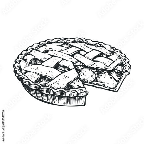 Delicious homemade fruit pie on a rustic table display. Vector hand drawn illustration