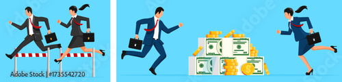 Business man and woman in flat style. Business concept of rivalry with competitor and achieve goal. People competing for money.