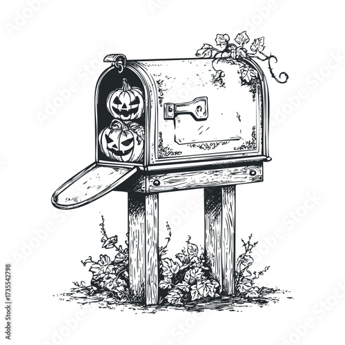 Creative Halloween mailbox with pumpkin decorations and ivy. Vector hand drawn illustration