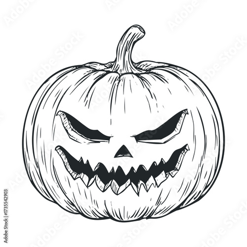 Creative Halloween pumpkin design with spooky expression for decor. Vector hand drawn illustration