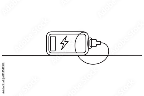Continuous one line drawing of battery charging vector illustration. one line Icon drawing with white background
