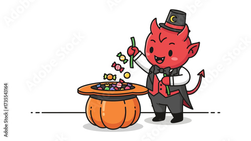 Mysterious Treats: A charming impish devil with a top hat performs a magical feat by pulling candy out of a pumpkin-shaped hat, setting a festive atmosphere for halloween .