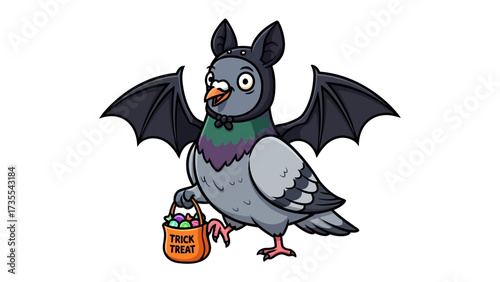 Spooky Pigeon's Halloween: A cartoon image features a pigeon in a bat costume, holding a trick-or-treat bag, epitomizing the playful spirit of Halloween.