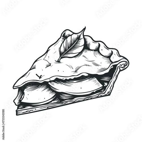 Sweet apple pie with flaky crust and leaf decoration. Vector hand drawn illustration