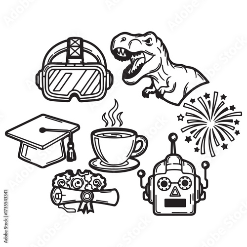Diverse Line Art Icons Symbolizing Technology, Education, Leisure, and Celebration