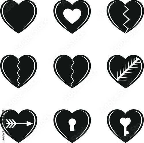 heart, love, romance, valentine, icon, set, glyph, silhouette, emotion, feeling, passion, relationship, wedding, anniversary, holiday, celebration, care, health
