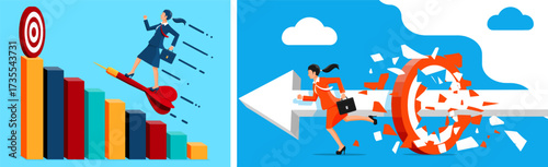 Two women overcome business challenges. One woman rides a dart to a target on a bar chart, while another woman breaks through a barrier.