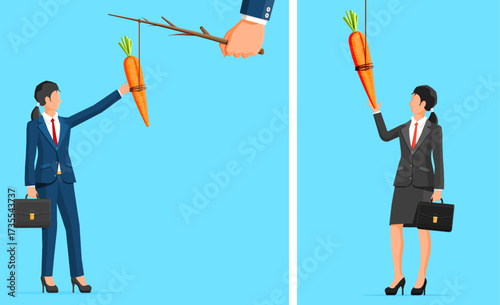 Woman reaching for a carrot dangled on a stick. Metaphor for elusive goals or incentives in business and work. Effort and motivation concept.
