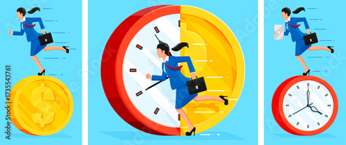 Woman running on dollar coin and inside clock. Businesswoman trying to manage money and time, chasing success and opportunity. Flat style vector.