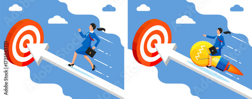 Woman walking and riding on lightbulb rocket on arrow road towards target. Business growth and innovation strategy. Pursuit of success and achievement.