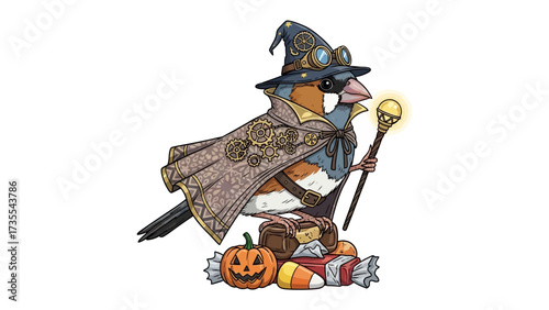 Steampunk bird in Halloween Costume: A whimsical illustration of a bird in a steampunk-inspired Halloween costume, complete with a witch hat, goggles, and staff.