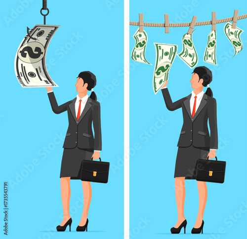 Woman with money as bait and woman drying money on a clothesline. Concept of dirty money, money laundering, and illegal financial schemes.