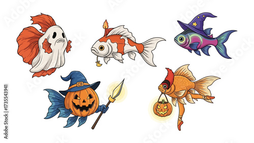 Halloween Fish Fantasy: A whimsical assortment of fantastically adorned fish, each playfully embodying the spirit of Halloween, swimming together in a scene of festive fancy, promising delight.
