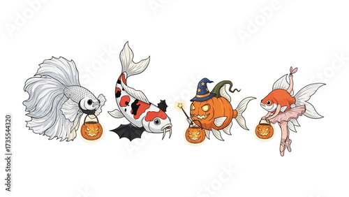 Festive Fish Friends: Delightful aquatic creatures, playfully decorated with Halloween attire and jack-o-lanterns, create a whimsical and joyful holiday scene.