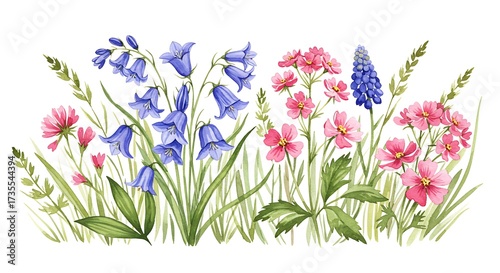 Watercolor illustration of colorful spring flowers and green foliage