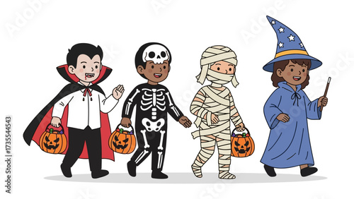 Trick-or-Treating in Halloween Costumes: An enchanting illustration captures four children in full costume joyfully ready for trick-or-treating, each carrying a pumpkin bucket.