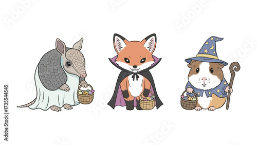 Festive Friends: An adorable Armadillo, Fox, and Guinea pig, adorned in festive costumes and clutching treat baskets, celebrate a joyous occasion. 