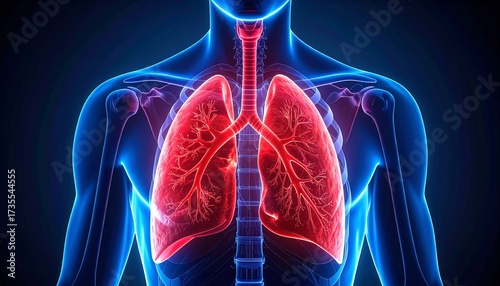 3D medical illustration of human lungs in glowing blue x-ray style, detailed bronchial tubes and ribcage visible, isolated on dark background, futuristic healthcare anatomy visualization