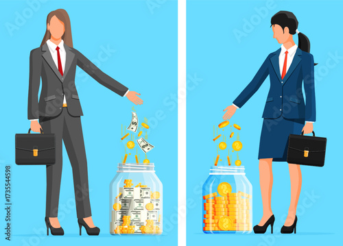 Businesswoman saving money with two women depositing bills and coins into glass jars. Financial management and investment concept for financial planning.