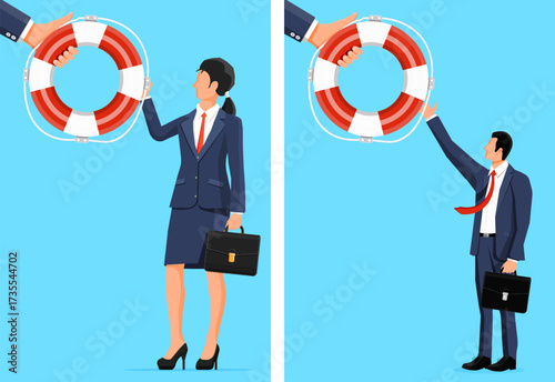 Hands offering a lifebuoy to a businesswoman and a businessman. Business support, financial help, solving problems, and assistance concept.