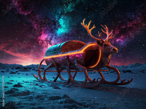 Neon Santa's Sleigh and Glowing Reindeer Flying Through a Starry Night