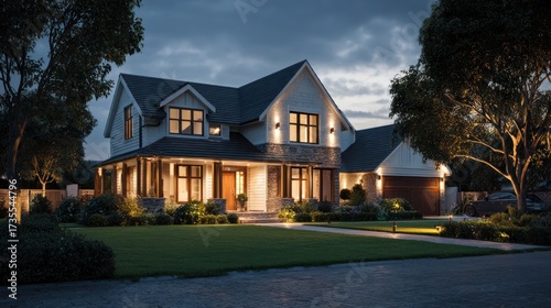 Elegant Modern House Exterior at Dusk with Warm Lighting
