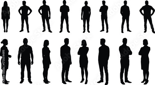 Set of Diverse Standing People Silhouettes, Full-Length Vector Illustration, Men and Women, Front and Side Views, Business and Casual Attire, Graphic Element.