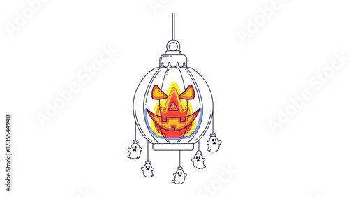 Spooky Halloween Lantern: A captivating illustration of a hanging Halloween lantern, intricately designed with a carved pumpkin face and playful ghost figures.