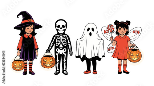 Costume characters: Four kids wearing different costumes prepare for a night of fun with creative halloween costumes.
