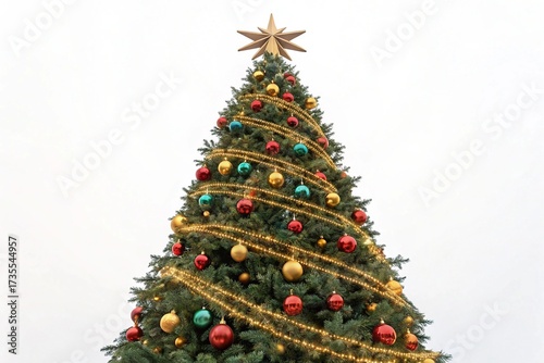 Large decorated Christmas tree with ornaments and star topper