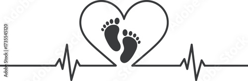 Heartbeat with baby footprints, symbolic heartbeat, parental love representation, flat vector illustration, newborn healthcare design asset, maternity concept icon