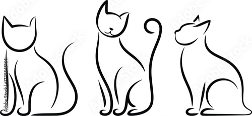 Graceful cat sketches, minimalist line art, elegant feline poses, whiskered companions, flat vector illustration, pet design asset, animal silhouette drawing