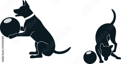 Dog silhouette playing, pet interaction pose, black dog icon, ball activity scene, flat vector illustration, animal behavior design asset