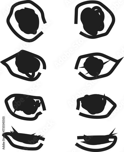 Eight stylized black ink drawings of human eyes on a white background