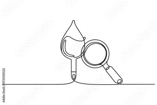 Blood glucose with magnifying glass continuous one line drawing. Vector illustration. one line Icon drawing with white background