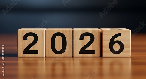Wooden blocks with the year 2026 displayed on them, representing the upcoming new year and future