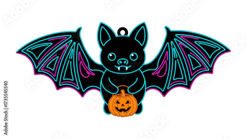 Festive Bat with Pumpkin: This image features a charming cartoon bat, its silhouette outlined in vibrant neon, clutching a cheerful jack-o'-lantern, perfect for Halloween and other celebrations. 