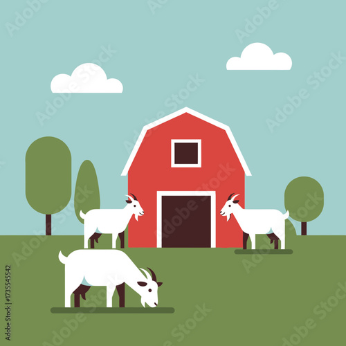 Farm scene with red barn and grazing goats under a blue sky.