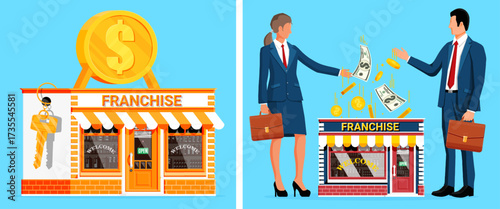 Small business franchise store with key and golden dollar coin. Woman and man throwing money to franchise store. Business concept.