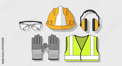 Safety gear including hard hat gloves vest and ear protection