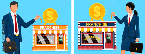 Man and woman holding keys, standing next to a franchise shop with a dollar coin sign. Business opportunity and property investment.