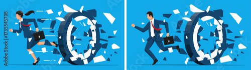 Businesswoman and businessman breaking through wall, symbolizing success, overcoming obstacles, and achievement. Flat vector illustration for project completion.