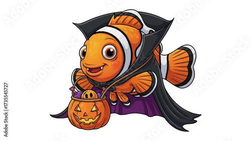 Halloween Clownfish: A vibrant clownfish donned in a Halloween vampire costume, complete with a cape and carrying a pumpkin bucket for trick-or-treating, ready to bring festive cheer.