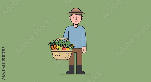 Farmer holding basket full of fresh produce on green background.