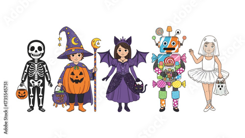 Halloween Costume Collection: A vibrant display of children, each adorned in whimsical and spooky Halloween costumes, celebrating the spirit of Halloween with playful charm and creativity. 