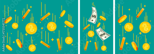 Falling money with dollar coins and banknotes. Raining cash, wealth, and success concept for financial prosperity illustration.