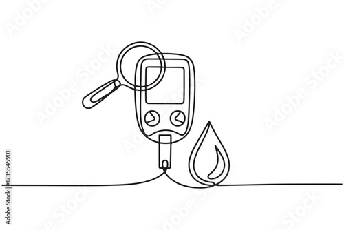 Blood glucose with magnifying glass continuous one line drawing. Vector illustration. one line Icon drawing with white background